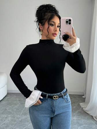 Rafferiza Women's Spring & Autumn Mock Neck Color-Block Bell Sleeve Fitted T-Shirt Fall Cloth For Women