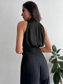 Firerie Áo cánh satin công sở thanh lịch có nút thắt eo cho nữ - màu đen - Xem 2