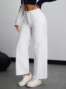 SHEIN PETITE Jeans casuales versátiles, sueltos y de pierna ancha con bolsillos para mujeres