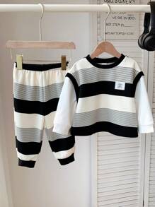 SHEIN Leap Crew 2 件套婴儿男童/女童休闲运动 2 合 1 条纹长袖运动衫和裤子套装，适合秋冬户外活动 - 彩色 - 查看 11