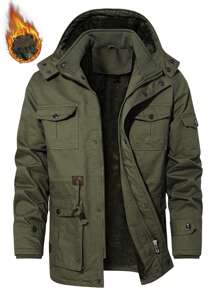 Manfinity Homme Loose-Fit Men Flap Pocket Drawstring Waist Hooded Winter Coat - Army Green - View 1