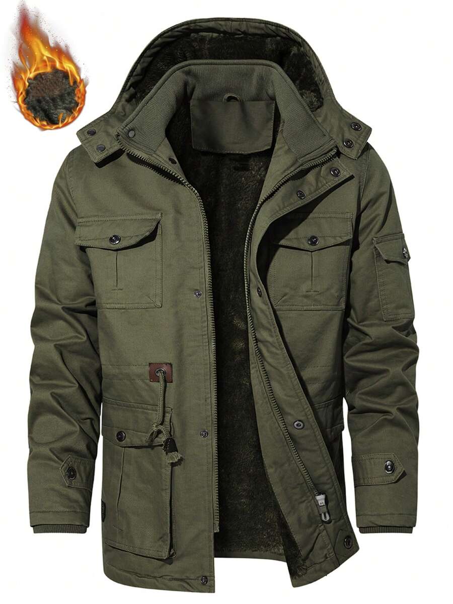 Manfinity Homme Loose-Fit Men Flap Pocket Drawstring Waist Hooded Winter Coat - Army Green - View 1