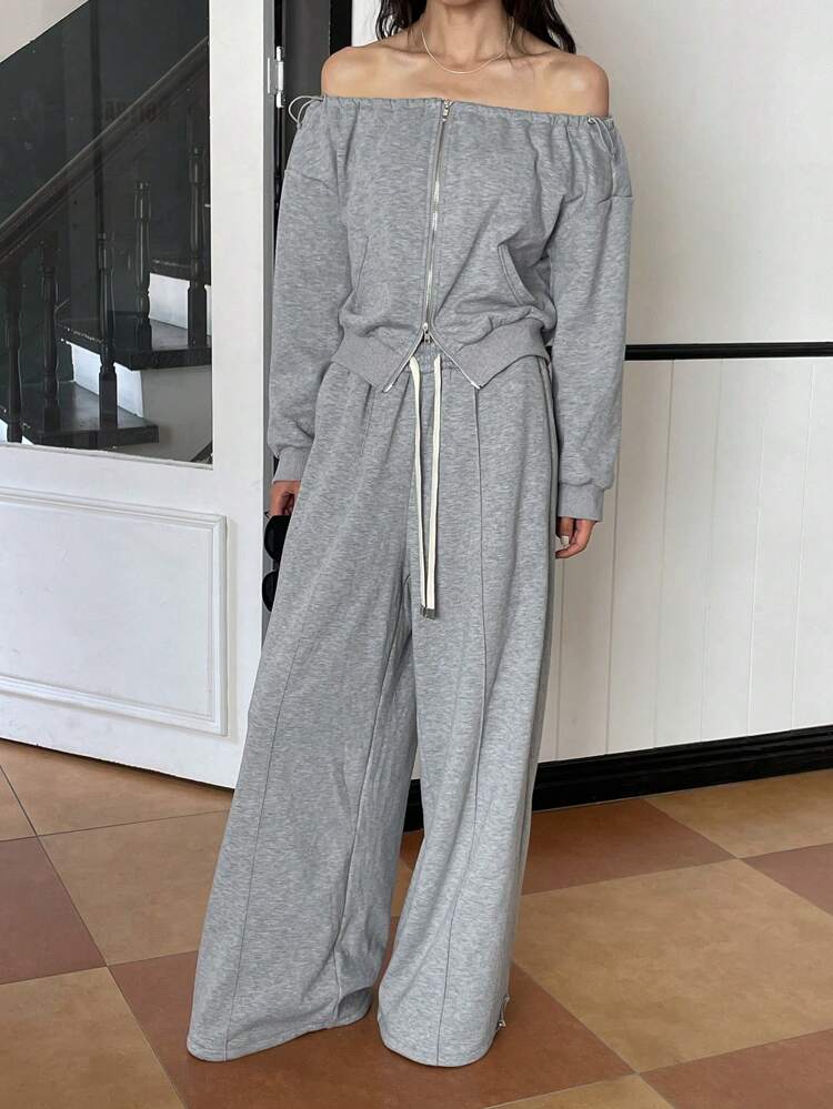 2pcs Women Casual Warm Thickened Off-The-Shoulder Top And Wide Leg Pants Set, Autumn Winter, Thermal Lined Thermal Lined Off Shoulder Top Tracksuits Women Set Lounge Sets For Women