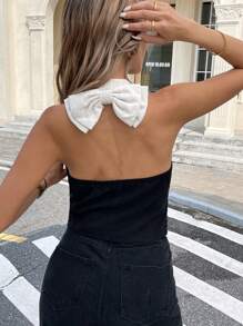 SHEIN Frenchy Camisa sin mangas de mujer con bloqueo de color, solapa, espalda descubierta y decoración de lazo