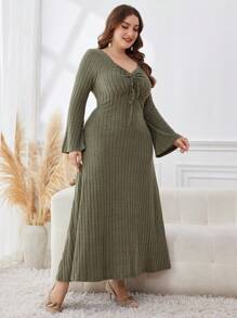 Mulvari Vestido de manga larga con escote en forma de corazón y punto acanalado, talla grande, para mujer - Verde militar - Ver 4