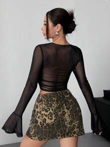 Muchica Women's Black Mesh Front-Tie Bell Sleeve T-Shirt, Spring Autumn - Black - View 2