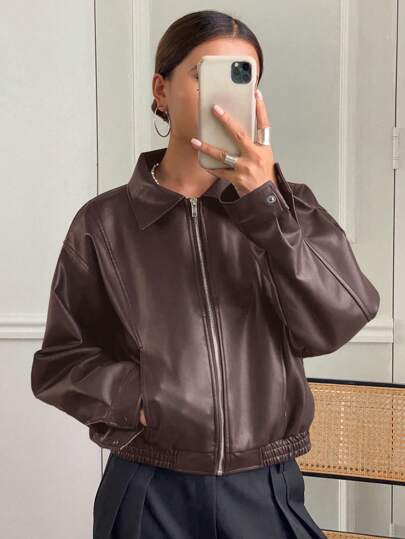 DAZY 女士宽松纯色长袖翻领PU皮夹克，秋季服装皮夹克