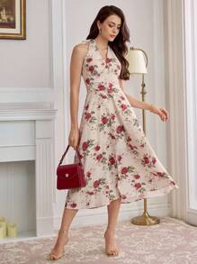 Vintamour Váy midi cổ điển thanh lịch gợi cảm, thu/đông, họa tiết hoa hồng & cổ buộc, trang phục lễ tạ ơn màu mơ/đỏ cho nữ, váy giáng sinh cho nữ, váy thanh lịch cho nữ, váy hoa cho nữ, trang phục hòa nhạc cho nữ, váy hóa trang tiên - Màu be - Xem 1