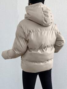 EURMUSE Solid Color Drawstring Hooded Padded Jacket - Khaki - View 2