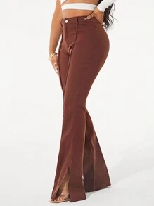 SHEIN SXY Jeans de pierna acampanada con botones, dobladillo dividido, unicolor