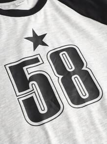 SHEIN Teen Girl Raglan Sleeve Crew Neck Star & Letter Print Long Sleeve Crop Top - White - View 3