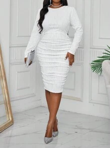 SHEIN Lady Spring And Summer Autumn And Winter Elegant White  Knitted Off The Shoulder Pencil Midi Drawstring Long Sleeve Plus Size Dresses