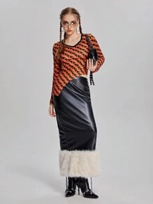 SHEIN 2 Stücke/Set grafikbedrucktes figurbetontes V-Ausschnitt Top kombiniert mit Kunstleder & flauschigem Patchwork Rock für Teenager Mädchen, Herbst/Winter