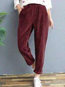 Pantalones casuales sólidos con bolsillos simples para mujeres - Burdeos - Ver 3