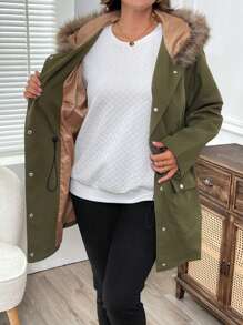 EMERY ROSE Plus Size Women's Autumn/Winter Furry Patchwork Long Sleeve Drawstring Waist Pocket Single-Breasted Hooded Casual Outwear - Army Green - View 8