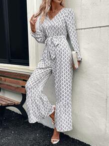 SHEIN LUNE 1pc All-Over Print Wide-Leg Jumpsuit, Autumn