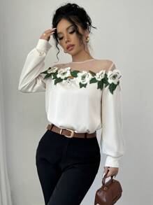 Rafferiza Damen elegante Bluse mit langen Ärmeln und Kontrast-Spitzennetz, Langarm Oberteile - Aprikosenfarben - Übersicht 3