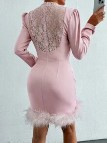 EURMUSE Women's Fashionable Bodycon Party Dress With Solid Color And Furry Edges - Baby Pink - View 5