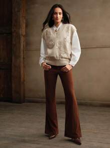Anewsta Chaleco holgado de punto con cuello en V, con flores de rosas y perlas bordadas, para otoño e invierno