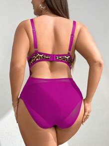 SHEIN LUNE Đồ lót liền thân ren báo bó sát thanh lịch gợi cảm & dễ thương cho phụ nữ cỡ lớn, phù hợp cho mùa hè và mùa thu - Màu Hồng Tươi - Xem 2