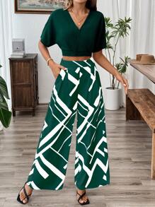 Chiquease 2pcs/Set Spring/Autumn Short Solid Cardigan Shirt And Plaid Print Pleated Straight Leg Casual Trousers - Green - View 5