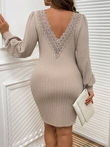 SHEIN Clasi Plus Size Casual Solid Color Lace Patchwork Bodycon Dress, Autumn