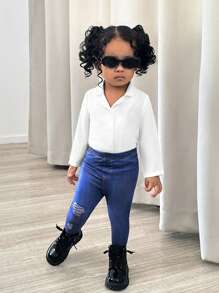 SHEIN Baby Girl Versatile White Lapel Long Sleeve Top, Autumn/Winter - White - View 5