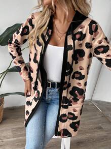 SHEIN LUNE Autumn/Winter Leopard Print Hooded Coat For Dailywear