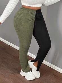 Slaydiva Plus Size Casual Home Simple Front Ruched Contrast Color Fitted Fuzzy Pants, Autumn Winter - Multicolor - View 3