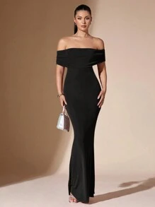 SHEIN BAE 女士纯色露肩性感透明优雅美人鱼露背紧身舞会礼服 - 黑色 - 查看 3