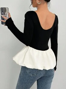 Chiquease Áo thun nữ cổ tròn dài tay màu tương phản viền bèo nhún cho mùa xuân và mùa thu - Đen và trắng - Xem 2