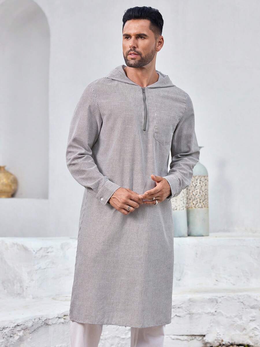 Manfinity Homme Bata con capucha a rayas de estilo árabe para hombres, mezcla de algodón transpirable - Caqui - Ver 1