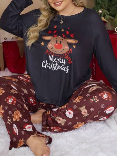 Świąteczny komplet piżamowy w dużym rozmiarze z nadrukiem renifera i liter, bluzka i spodnie z raglanowymi rękawami, jesienna piżama z piernikami, ubrania na jesień i zimę