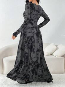 Seusyu 女士扎染印花束腰连衣裙 - 灰色 - 查看 6