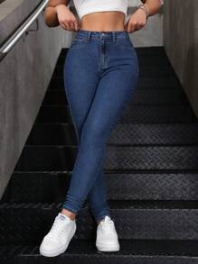 SHEIN Essnce Quần Jeans Skinny Khóa Kéo Thường Ngày Cho Nữ - Rửa tối - Xem 6