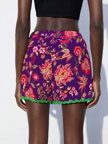 Maija Damen Lässig Shorts mit Blume Muster und elastischem Bund für den Sommer, romantisch, modisch, vielseitig; geeignet für Sommerurlaub, bequem, im Boho-Stil, Strandmode - Violett - Übersicht 2