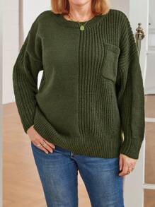 Plus Size Women Solid Color Drop Shoulder Long Sleeve Casual Pullover Knitted Sweater, Autumn/Winter Fall - Army Green - View 4