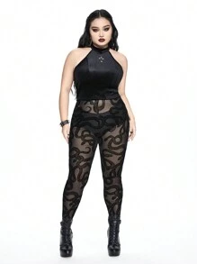 ROMWE Quần legging trong suốt họa tiết da rắn Gothic cỡ lớn - màu đen - Xem 2