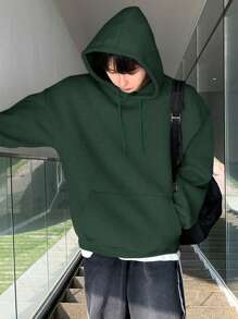 DAZY Men's Solid Color Dropped Shoulder Long Sleeve Hooded Pocket Loose Casual Sweatshirt, Autumn