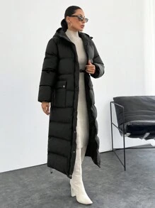 EURMUSE Unique Design Quilted Metallic Lined Hooded Drawstring Hem Puffer Long Winter Coat - Black - View 7