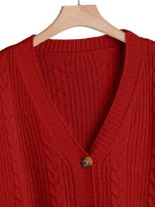 SHEIN LUNE 大码女式纯色 V 领单排扣长袖休闲通勤百搭针织开衫，红色，秋冬，适合冬季 - 紅色 - 查看 5