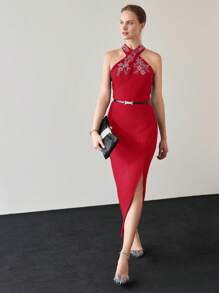 MOTF PREMIUM 水钻细节开叉大腿交叉挂脖连衣裙 - 紅色 - 查看 8