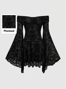 ROMWE Goth Vestido elegante de línea A con hombros descubiertos, mangas largas, estampado floral retro y efecto de flockado, para Año Nuevo, para mujeres