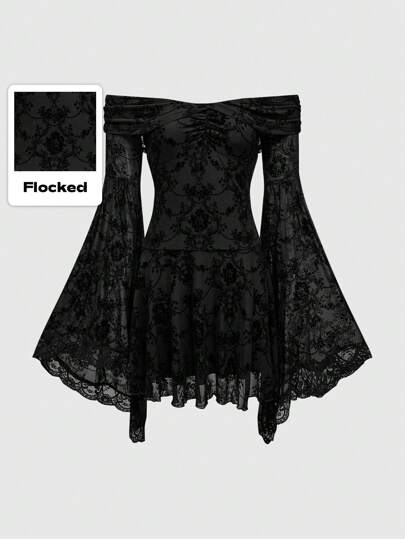 Goth Vestido elegante de línea A con hombros descubiertos, mangas largas, estampado floral retro y efecto de flockado, para Año Nuevo, para mujeres