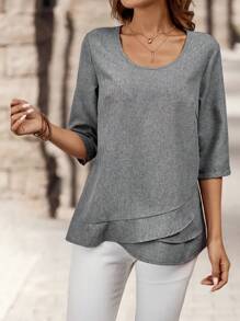 EMERY ROSE Women's Casual Round Neck Simplified Mid-Sleeve Shirt, Autumn And Summer - Multicolor - View 4