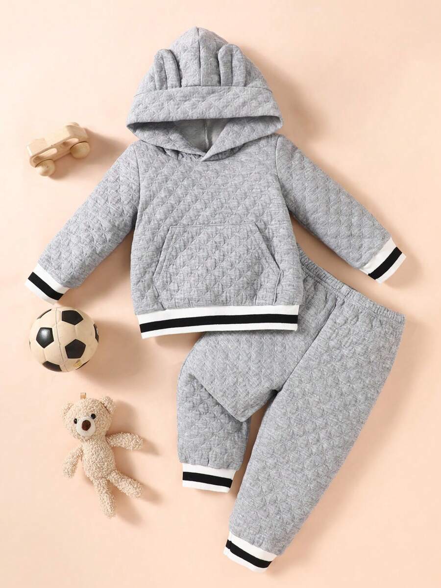 Áo hoodie dài tay họa tiết tai 3D thiết kế túi Kangaroo cho bé trai và quần nỉ, thích hợp mặc hàng ngày, chơi thể thao, hoạt động ngoài trời vào mùa thu/đông - Xám - Xem 1