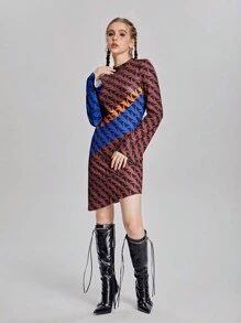 SHEIN 1pc Teen Girl Allover Print Design Fitted Midi Dress, Stylish - Brown - View 5