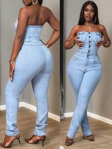 Slaydiva Bộ đồ liền thân denim bó không tay có nút phía trước dành cho nữ - Rửa nhẹ - Xem 1