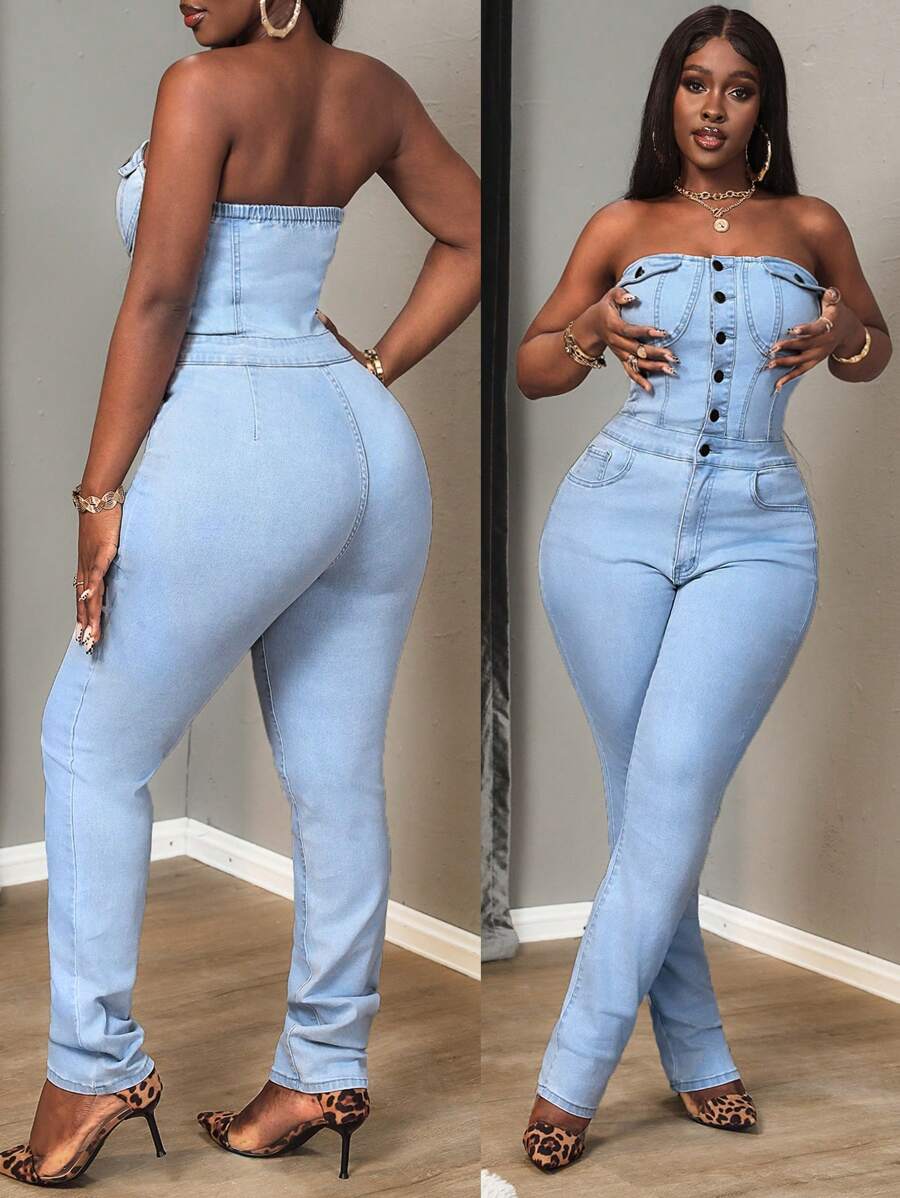 Slaydiva Bộ đồ liền thân denim bó không tay có nút phía trước dành cho nữ - Rửa nhẹ - Xem 1