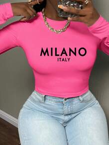 Slaydiva Milano Casual Letter Print Crop Round Neck Long Sleeve Fitted Women T-Shirt, Suitable For Spring And Autumn - Watermelon Pink - View 1